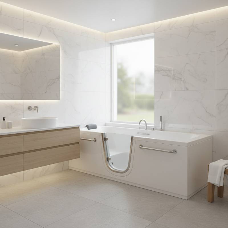 A clean, modern bathroom featuring a white walk-in bathtub with a low-threshold entry door and built-in safety grab bars.