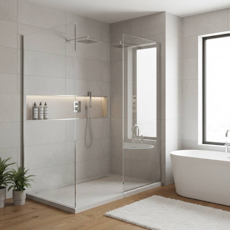 A sleek, modern walk-in shower with frameless glass doors and high-end chrome fixtures in a bright bathroom.