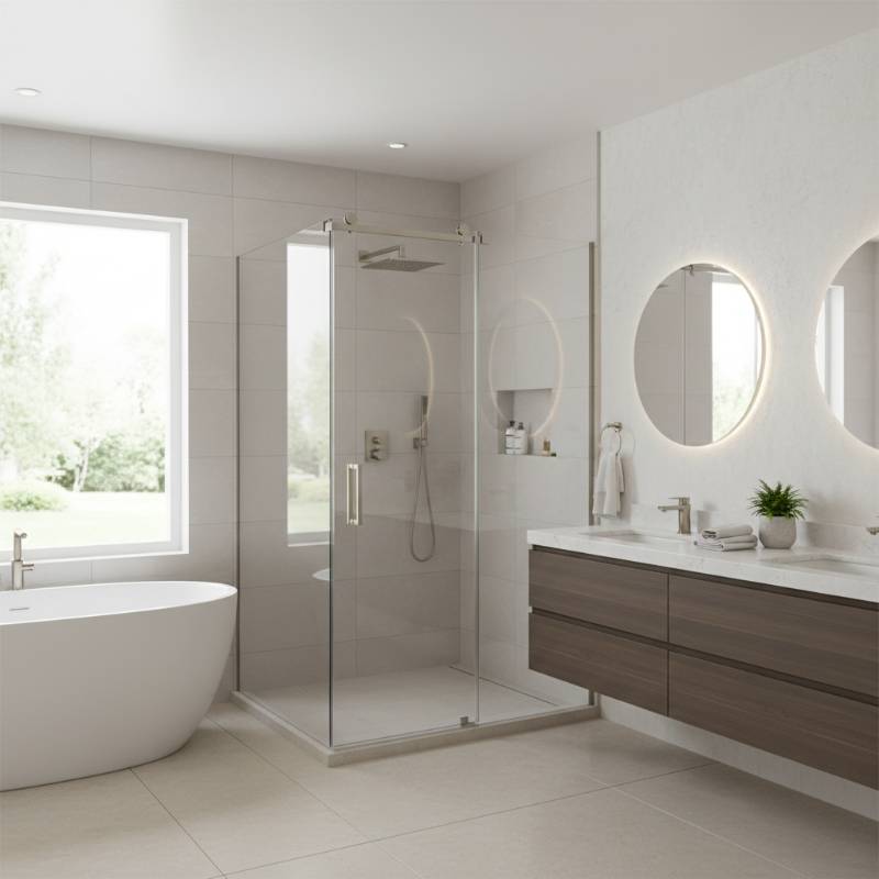 A modern, bright bathroom featuring a sleek new walk-in shower with clear glass doors and contemporary brushed nickel fixtures.