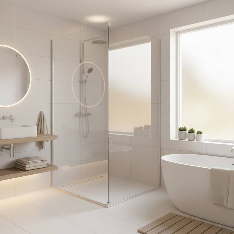 A modern, sleek acrylic shower stall in a bright bathroom with soft, warm lighting.