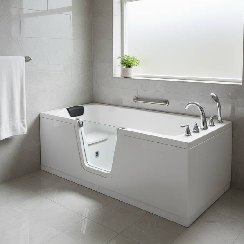 A clean, bright bathroom featuring a high-quality walk-in bathtub with a built-in seat and chrome fixtures.