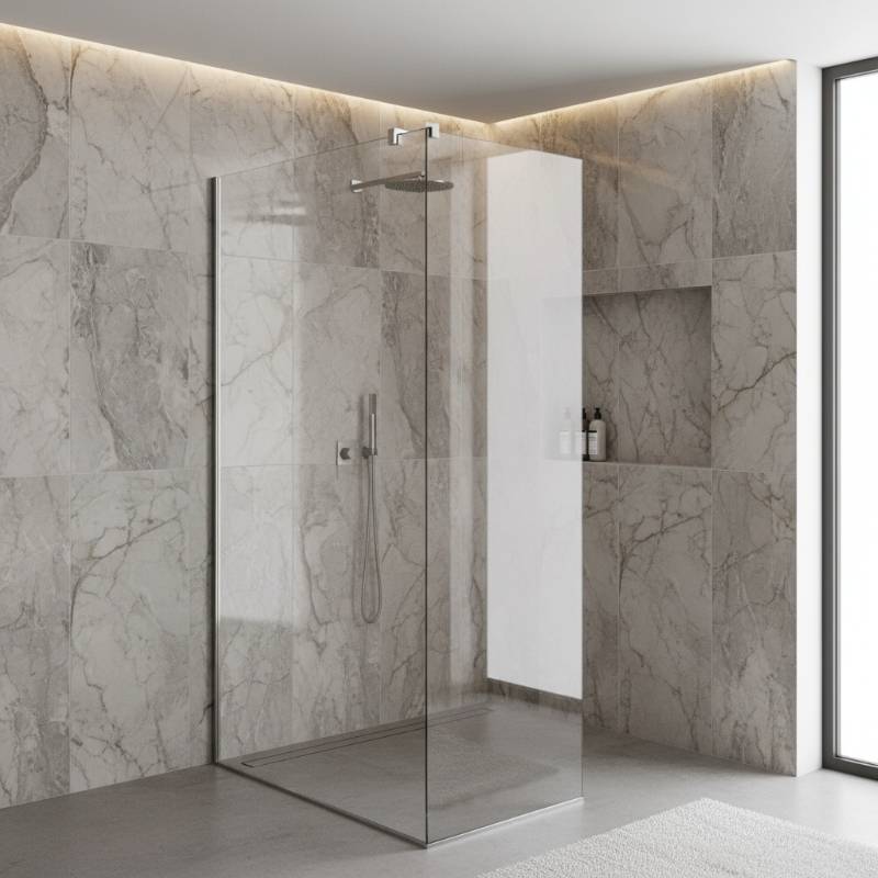 A modern walk-in shower featuring elegant stone-patterned walls and a sleek glass door.