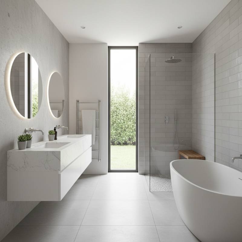 A bright, modern bathroom featuring a clean white vanity and a sleek glass-enclosed walk-in shower.