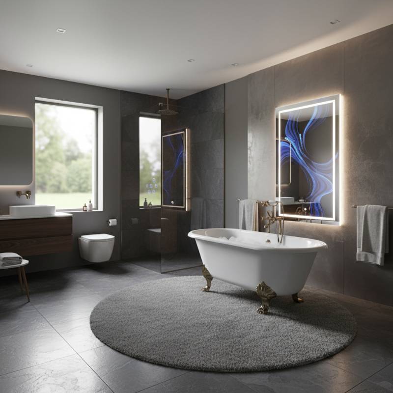 A luxurious bathroom featuring a vintage clawfoot tub positioned next to a high-tech smart mirror and dark slate tile flooring