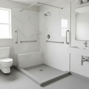 A bright, modern handicap-accessible bathroom in a Maggie Valley home featuring a low-threshold walk-in shower with smooth, white marble-patterned acrylic walls. The shower includes a built-in bench seat and chrome safety grab bars. The floor is a textured, non-slip light gray surface. No tile, no grout, no free-standing bathtubs, and no text.