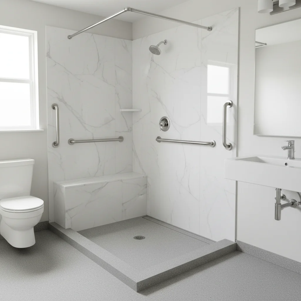 A bright, modern handicap-accessible bathroom in a Maggie Valley home featuring a low-threshold walk-in shower with smooth, white marble-patterned acrylic walls. The shower includes a built-in bench seat and chrome safety grab bars. The floor is a textured, non-slip light gray surface. No tile, no grout, no free-standing bathtubs, and no text.