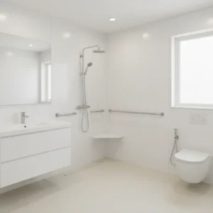 A modern, bright accessible bathroom featuring a low-threshold walk-in shower with smooth, white acrylic walls. The shower includes a built-in corner bench and chrome safety grab bars. A handheld showerhead is mounted on a sliding bar. The floor is a light-colored non-slip surface. No grout lines, no tiles, no free-standing bathtubs, and no text in the image.