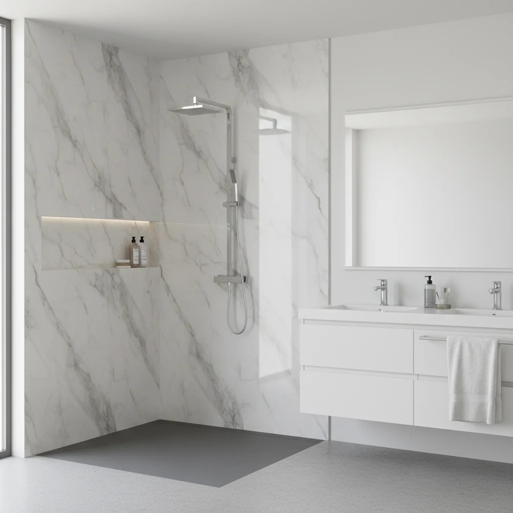 A modern, high-end bathroom featuring a seamless, grout-free acrylic walk-in shower with a smooth marble-patterned wall surround. The shower has a sleek chrome showerhead and a built-in corner shelf. The floor is a solid, non-slip textured surface. No tiled walls, no grout lines, no free-standing bathtubs, and no text in the image. Bright, natural light coming from an unseen window.