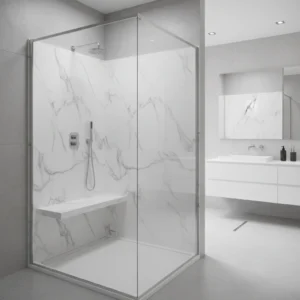 A pristine, modern walk-in shower featuring seamless white marble-textured acrylic wall panels and a textured non-slip white acrylic base. The shower includes a built-in corner seat and polished chrome fixtures with a clear glass enclosure. No tile, no grout lines, no free-standing bathtubs. High-end residential bathroom interior photography.