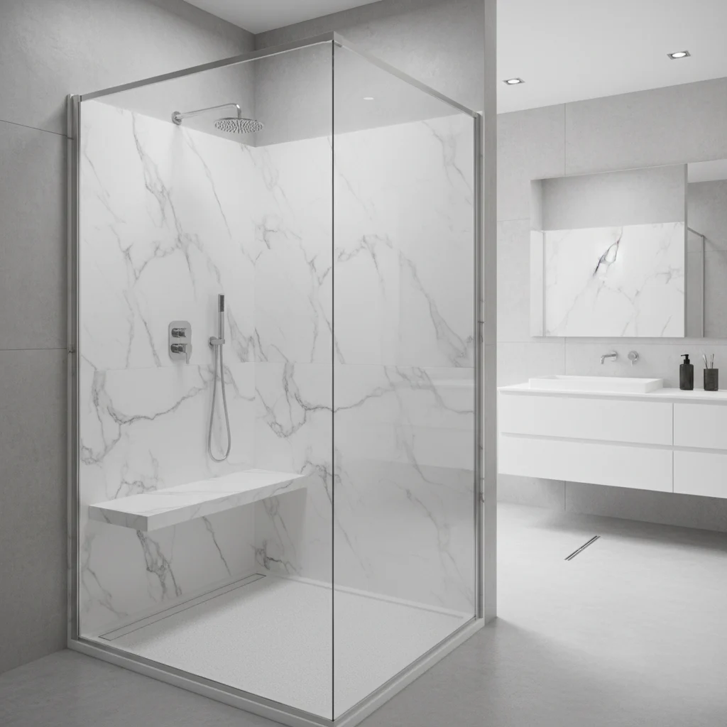 A pristine, modern walk-in shower featuring seamless white marble-textured acrylic wall panels and a textured non-slip white acrylic base. The shower includes a built-in corner seat and polished chrome fixtures with a clear glass enclosure. No tile, no grout lines, no free-standing bathtubs. High-end residential bathroom interior photography.