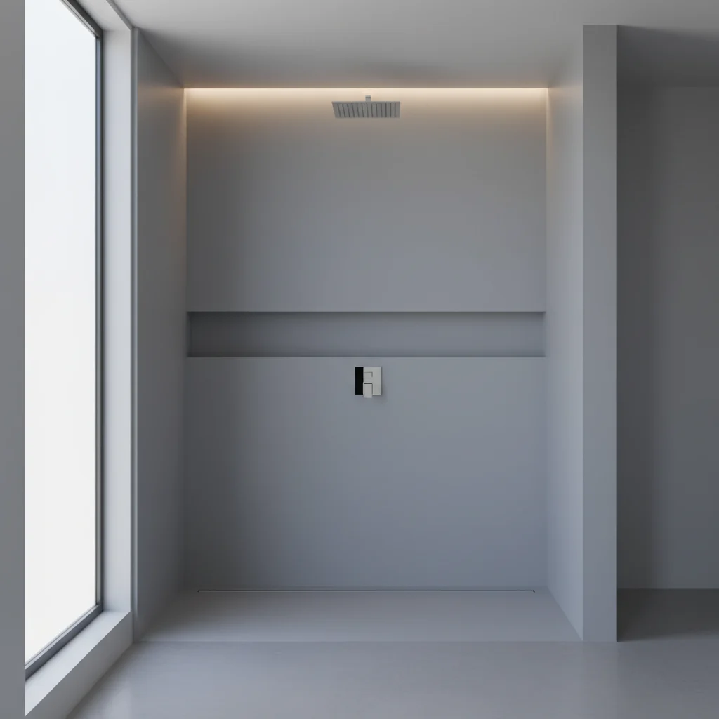 A modern, high-quality acrylic bathroom alcove shower with smooth, seamless light gray walls, integrated shelving, and a sleek chrome showerhead. The design is clean and contemporary, featuring no grout lines and no tile. The bathroom is bright and well-lit, showing a professional installation. No free-standing tubs, no tiled walls, and no text.