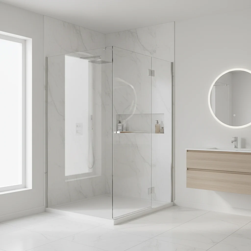 A luxurious, modern walk-in shower featuring a frameless clear glass enclosure with polished chrome hardware. The interior walls are smooth, high-quality white marble-patterned acrylic panels. No tile, no grout lines. The shower floor is a clean, low-profile white base. The setting is a bright, upscale bathroom with a minimalist aesthetic. No bathtubs, no text.