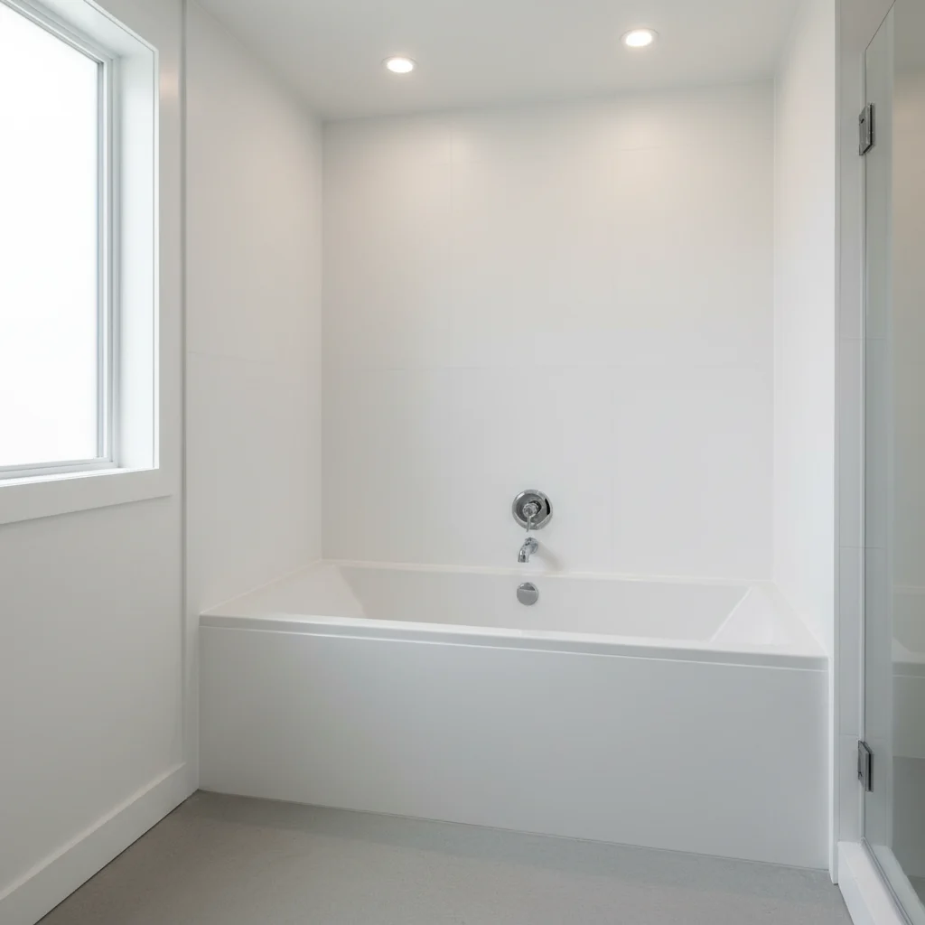 Interior photography of a newly installed alcove replacement bathtub with seamless, solid-surface acrylic wall surrounds in a soft white finish. The bathtub is a standard built-in model with modern polished chrome hardware. The room is brightly lit with a clean, minimalist aesthetic. No tiles, no grout lines, no free-standing tubs, and no text.