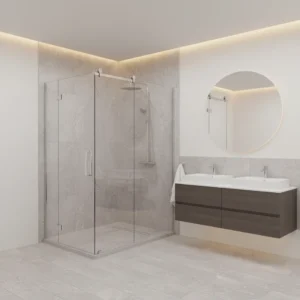 A high-end bathroom interior featuring a modern walk-in shower with solid surface, non-porous panels in a light grey stone texture. The shower has a low-entry threshold, a clear glass enclosure with a sliding door, and polished chrome hardware. The floor outside the shower is a matching light grey laminate. No tiles, no grout, no free-standing tubs, and no text on walls or products.
