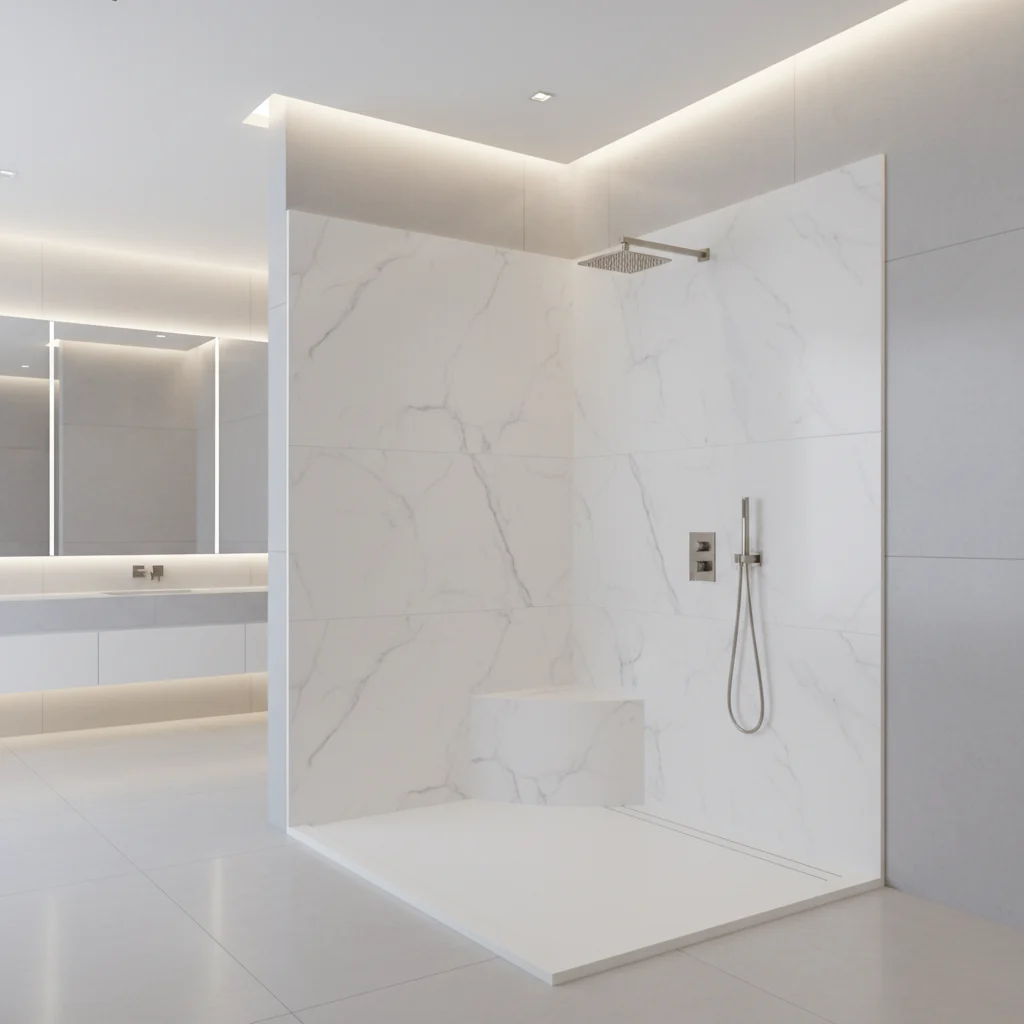 A beautiful, modern walk-in shower with seamless, non-porous white marble-patterned walls and a low-profile entry. The shower features sleek brushed nickel hardware and a built-in corner seat. The surrounding bathroom is bright with modern lighting and clean lines. No tile, no grout, no free-standing bathtubs, and no text.