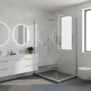 A modern, high-end bathroom in Waynesville, NC featuring a sleek walk-in shower with smooth, solid-surface walls in a light grey marble pattern. The shower includes a built-in bench, chrome fixtures, and a clear glass enclosure. The floor is a clean, non-slip modern surface. No grout lines, no tiles, and no free-standing bathtubs. Bright, natural lighting.