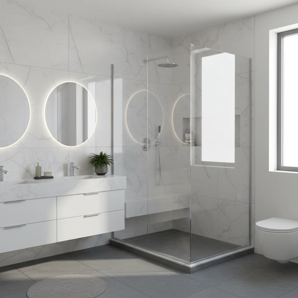 A modern, high-end bathroom in Waynesville, NC featuring a sleek walk-in shower with smooth, solid-surface walls in a light grey marble pattern. The shower includes a built-in bench, chrome fixtures, and a clear glass enclosure. The floor is a clean, non-slip modern surface. No grout lines, no tiles, and no free-standing bathtubs. Bright, natural lighting.