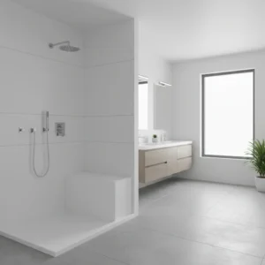A modern, bright bathroom in Arden, NC featuring a sleek walk-in shower with seamless white solid surface walls. The shower has a low-profile entry, a built-in corner seat, and polished chrome fixtures. No tile grout lines, no freestanding tubs, and no text. The setting is clean, airy, and high-end.