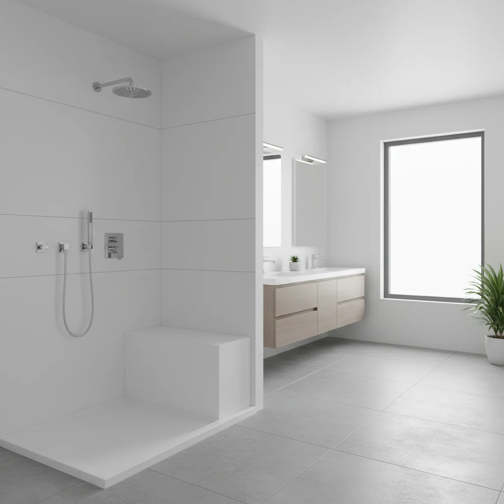 A modern, bright bathroom in Arden, NC featuring a sleek walk-in shower with seamless white solid surface walls. The shower has a low-profile entry, a built-in corner seat, and polished chrome fixtures. No tile grout lines, no freestanding tubs, and no text. The setting is clean, airy, and high-end.