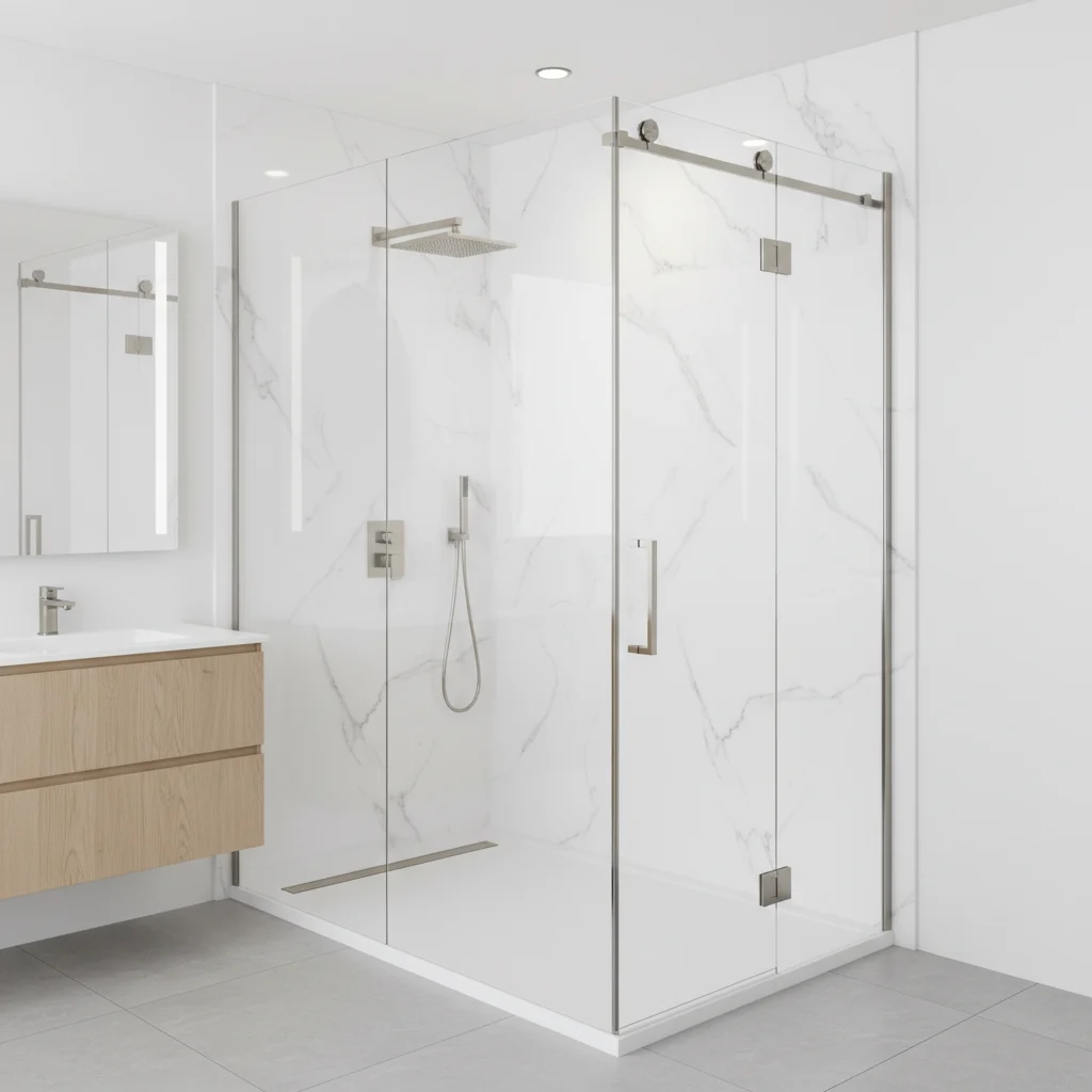 A bright, modern walk-in shower with smooth, solid-surface white marble-patterned acrylic walls. The shower features a low-profile entry base, a clear glass sliding door, and sleek brushed nickel fixtures. No tile grout lines, no free-standing bathtubs, no text, clean and contemporary bathroom interior.