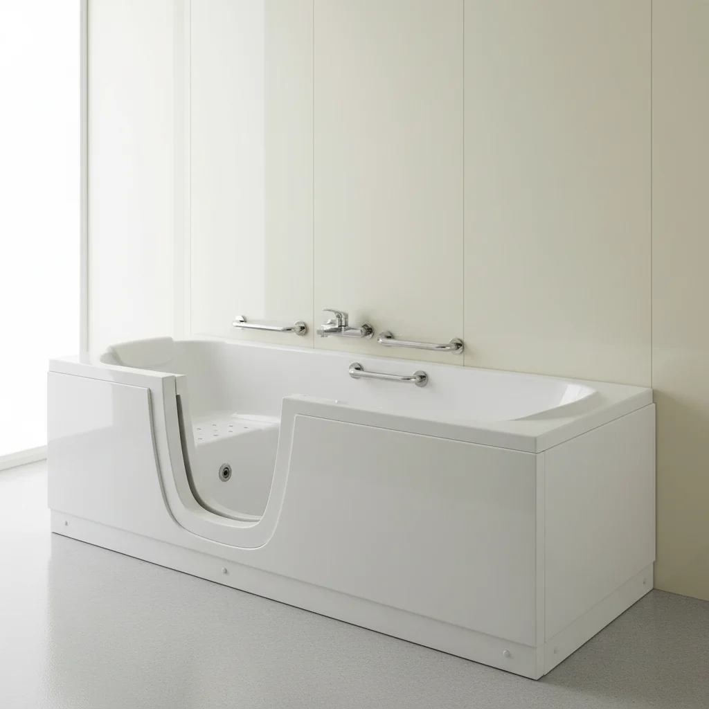 A modern, high-quality walk-in bathtub with a wide-opening side door, built-in seat, and polished chrome grab bars. The tub is installed against smooth, solid acrylic wall panels in a soft neutral color. No tiles, no grout, and no free-standing elements. The bathroom is bright and clean, emphasizing safety and accessibility.